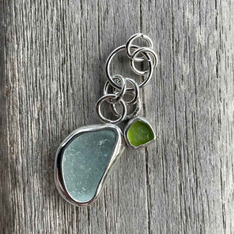 Sea Foam Blue and Lime Green Sea Glass Charm Necklace