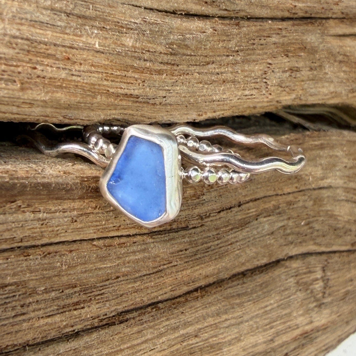 Cornflower Blue Sea Glass Stacking Rings -  Size 7