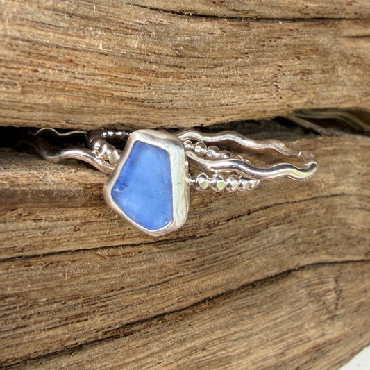 Cornflower Blue Sea Glass Stacking Rings -  Size 7