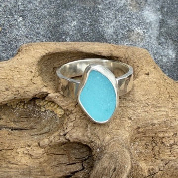 Aqua Blue Sea Glass Ring - Size 8.5