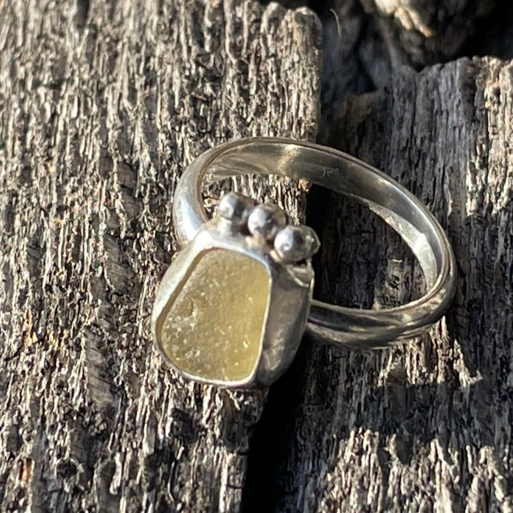 Soft Yellow Beaded Sea Glass Ring - Size 7