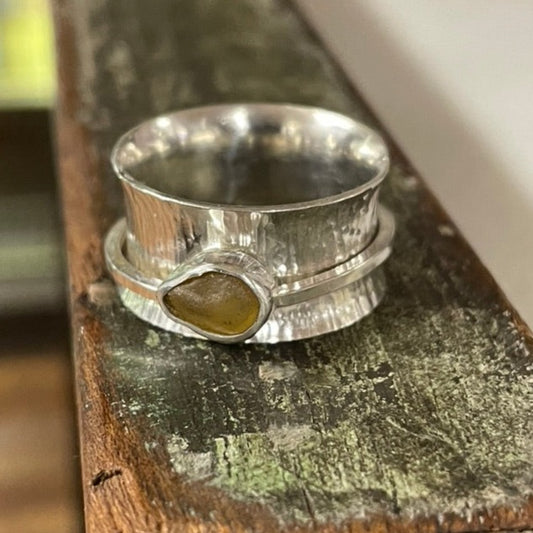 Olive Yellow Sea Glass Spinner Ring