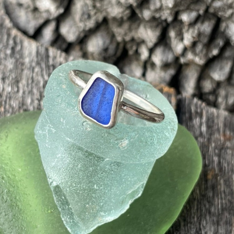 Cobalt Blue Sea Glass Ring - size 7.75