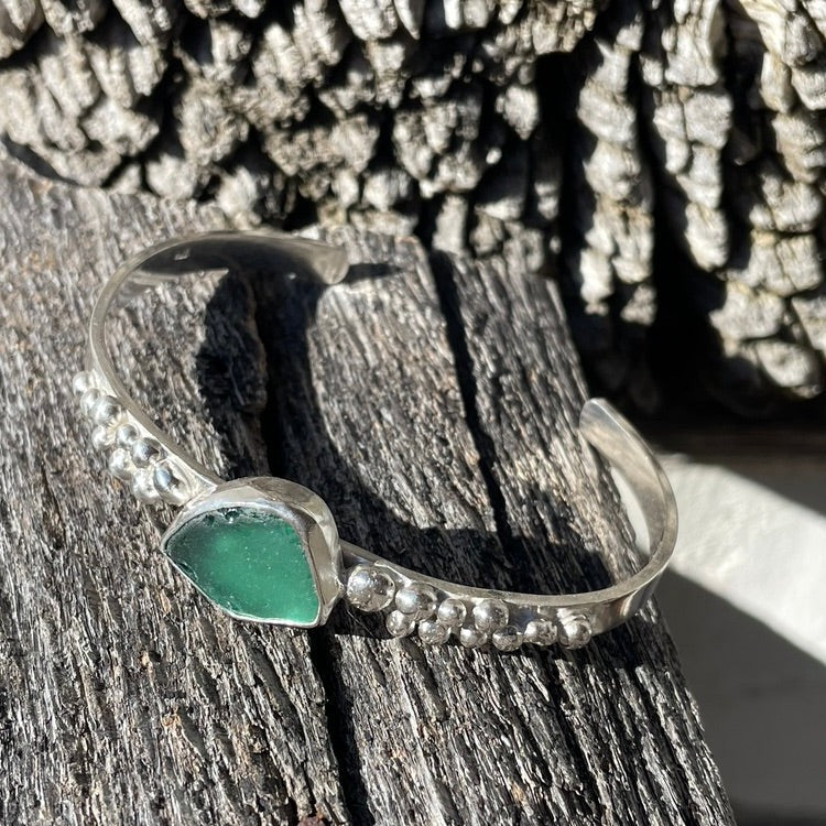 Light Teal Green Sea Glass Cuff Bracelet