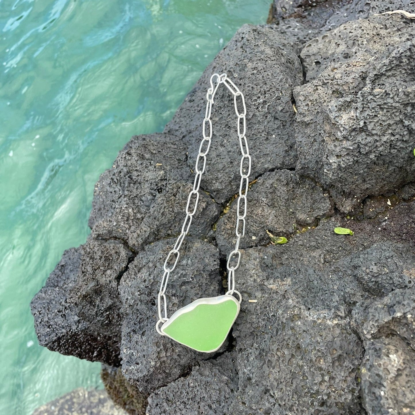 Sea Green Sea Glass Pendant with Hand Made Paperclip Chain