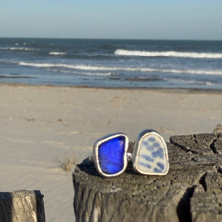 Cobalt Blue Sea Glass and Blue Sea Pottery Adjustable Ring -Size 7