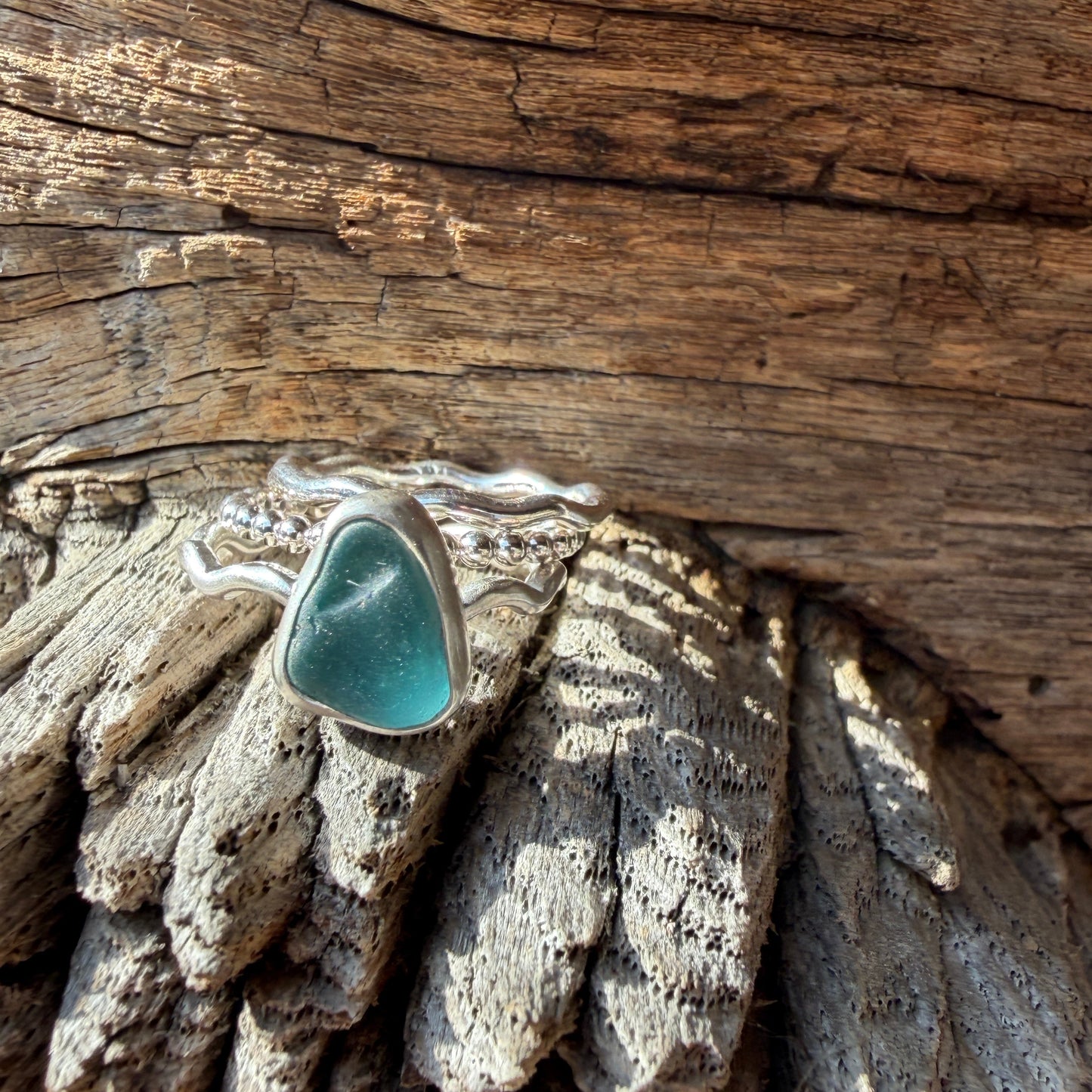 Teal Blue Green Sea Glass Stacking Rings - Size 6