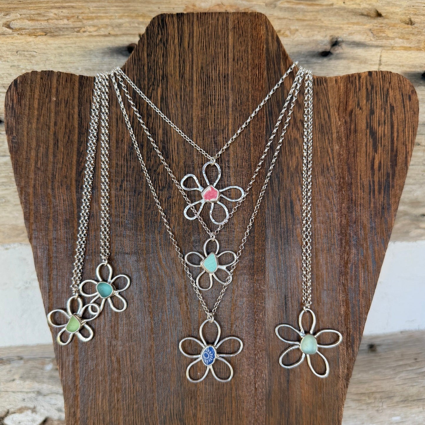 Light Teal Blue Sea Glass Daisy Pendant