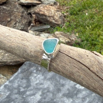 Teal Blue Sea Glass Ring - size 7.25