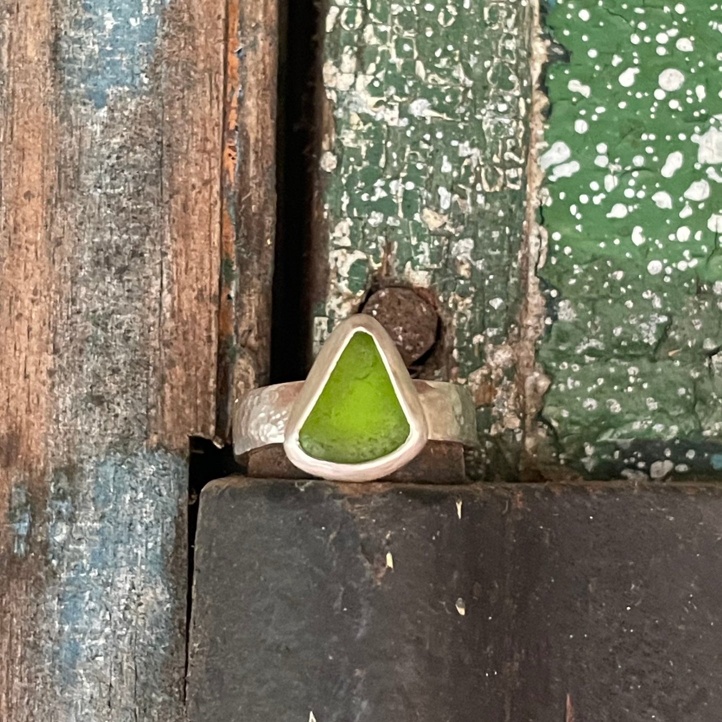 Lime Green Hammered Sea Glass Ring - Size 7.5