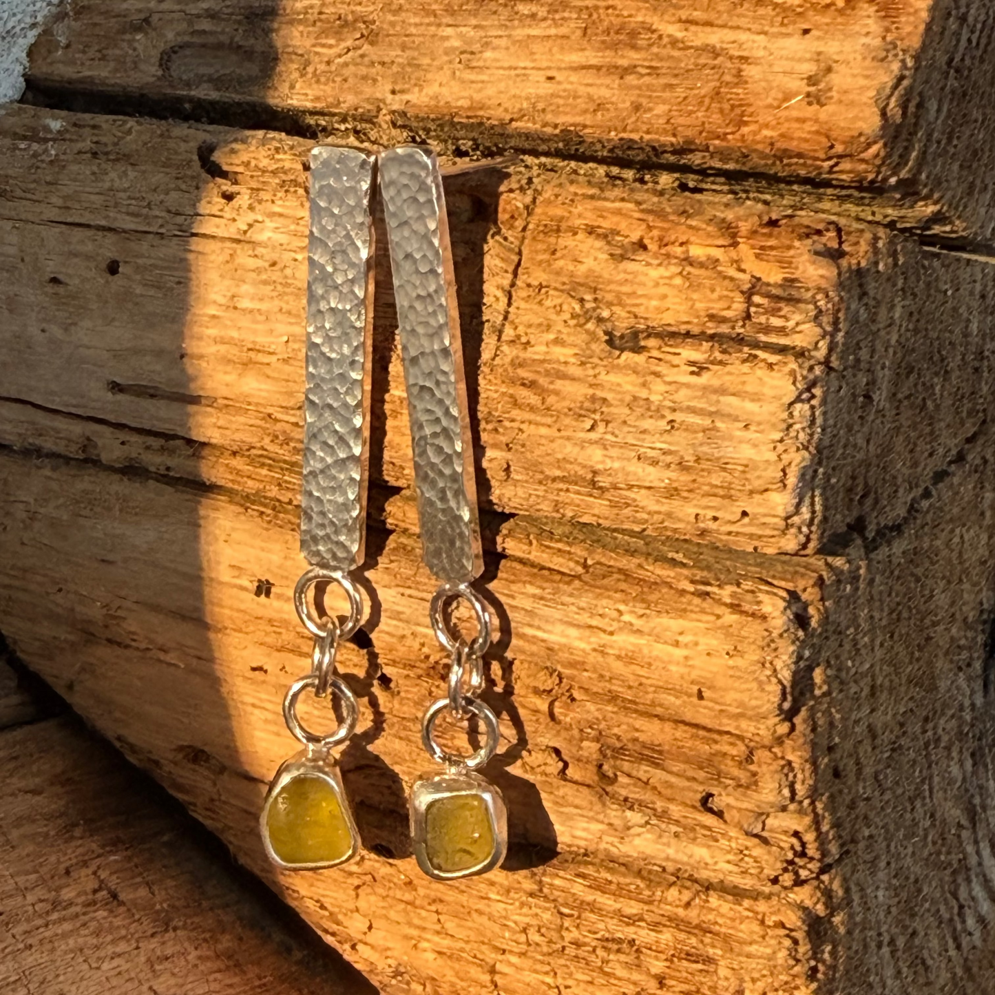 Olive Yellow Sea Glass Dangle Bar Earrings