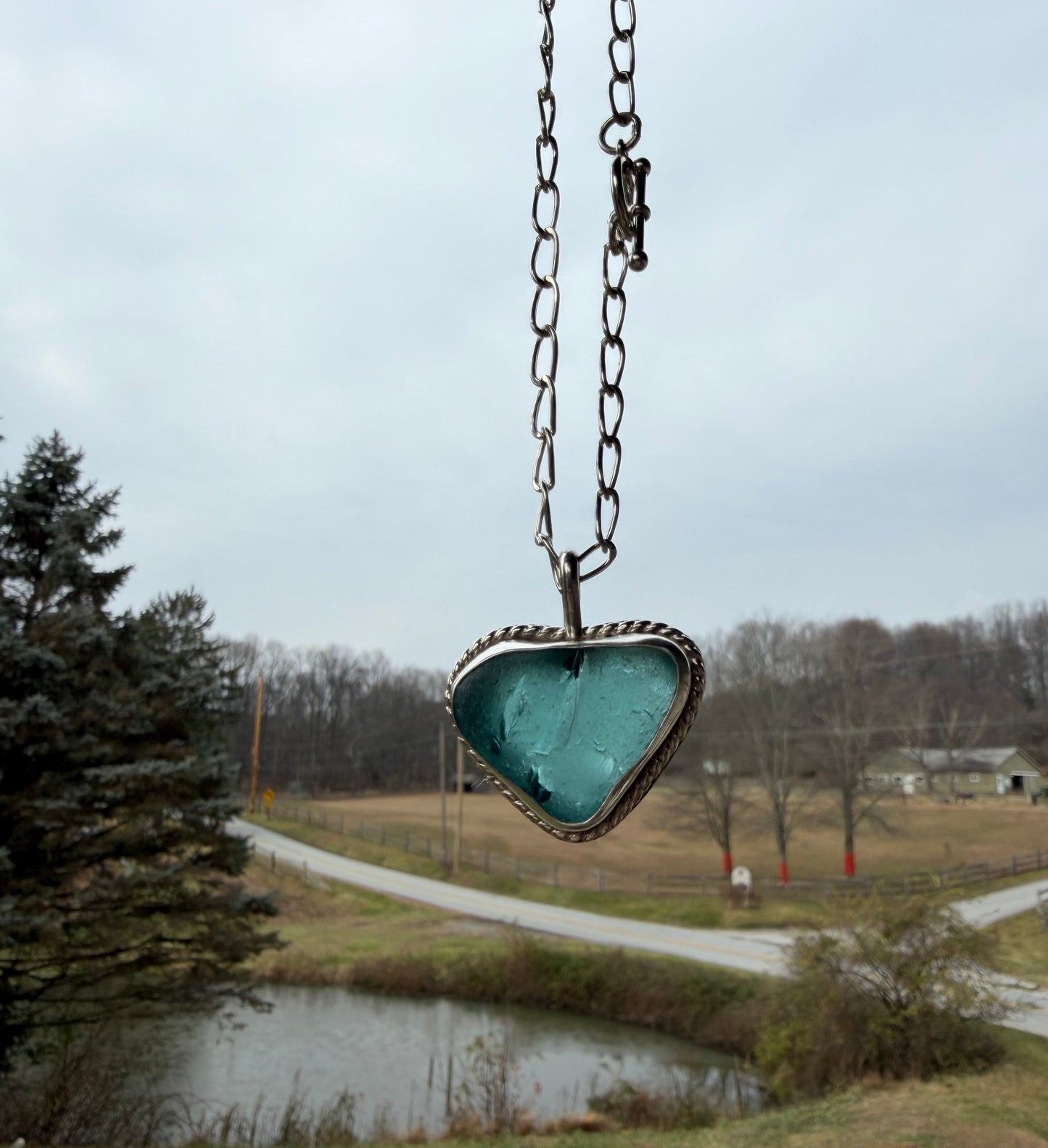 Teal Blue Sea Glass Heart Pendant