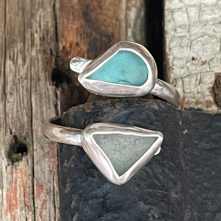 Double Teal Blue & Sea Foam Blue Sea Glass Adjustable Ring