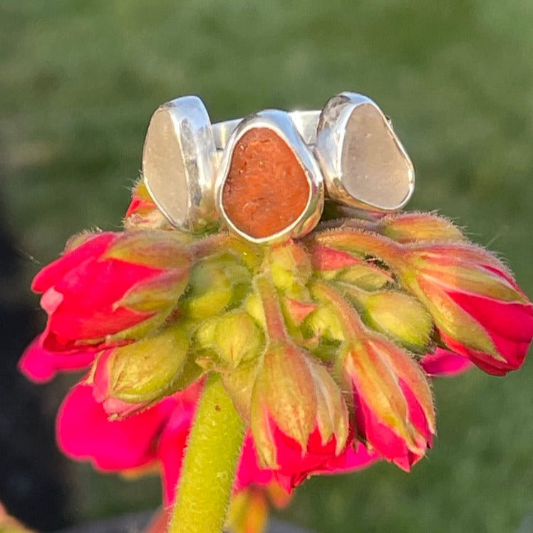 Tri White and Amber Sea Glass Ring Commission