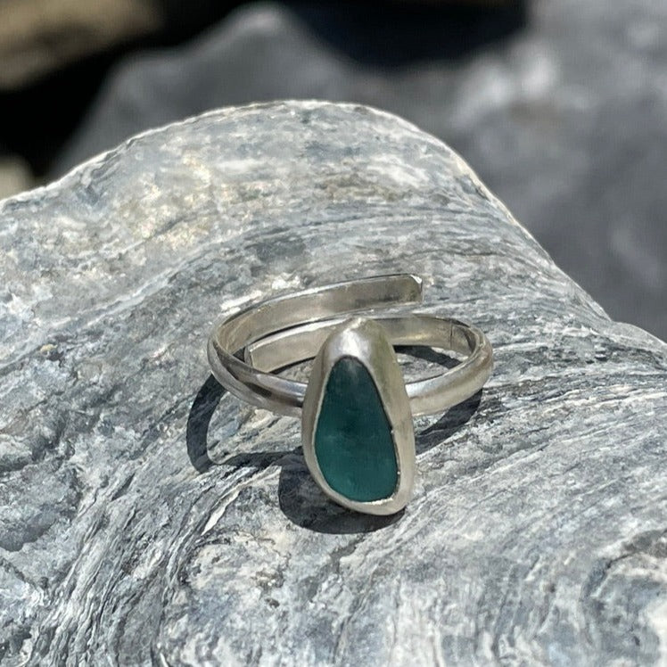 Teal Blue Adjustable Sea Glass Ring