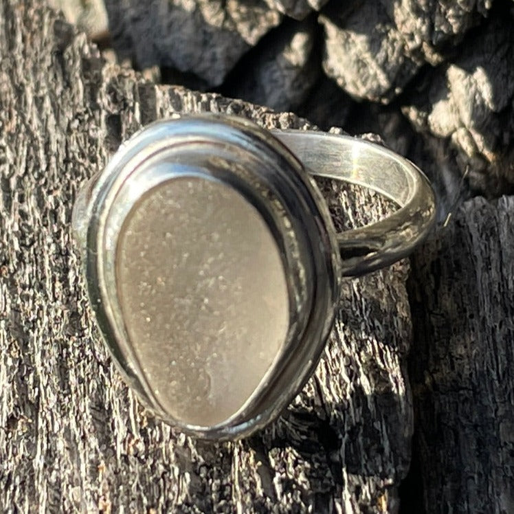 Frosty White Sea Glass Statement Ring - Size 11