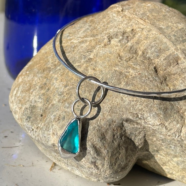 Aquamarine Sea Glass Dangle Bangle - Extra Small