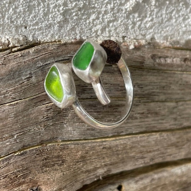 Double Light Sage Green & Lime Green Sea Glass Adjustable Ring