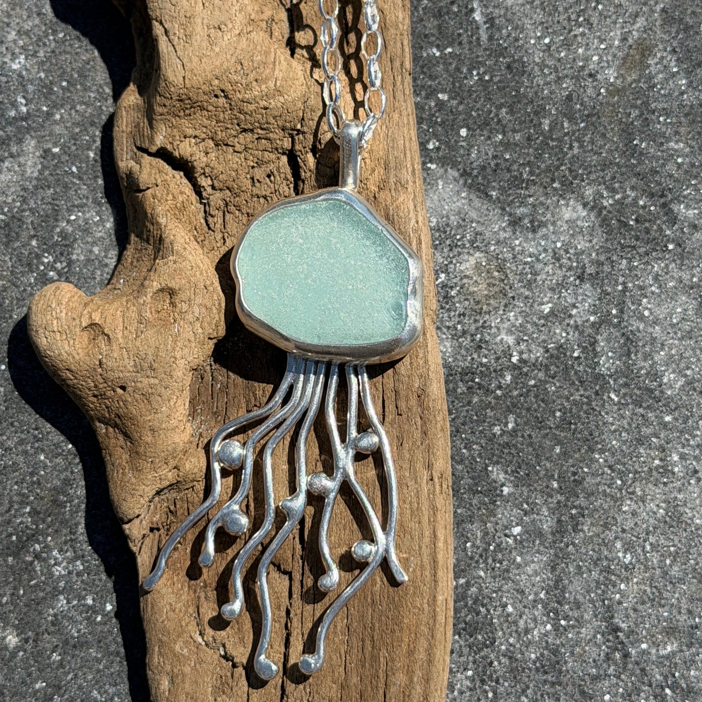 Aquamarine Sea Glass Jellyfish Pendant