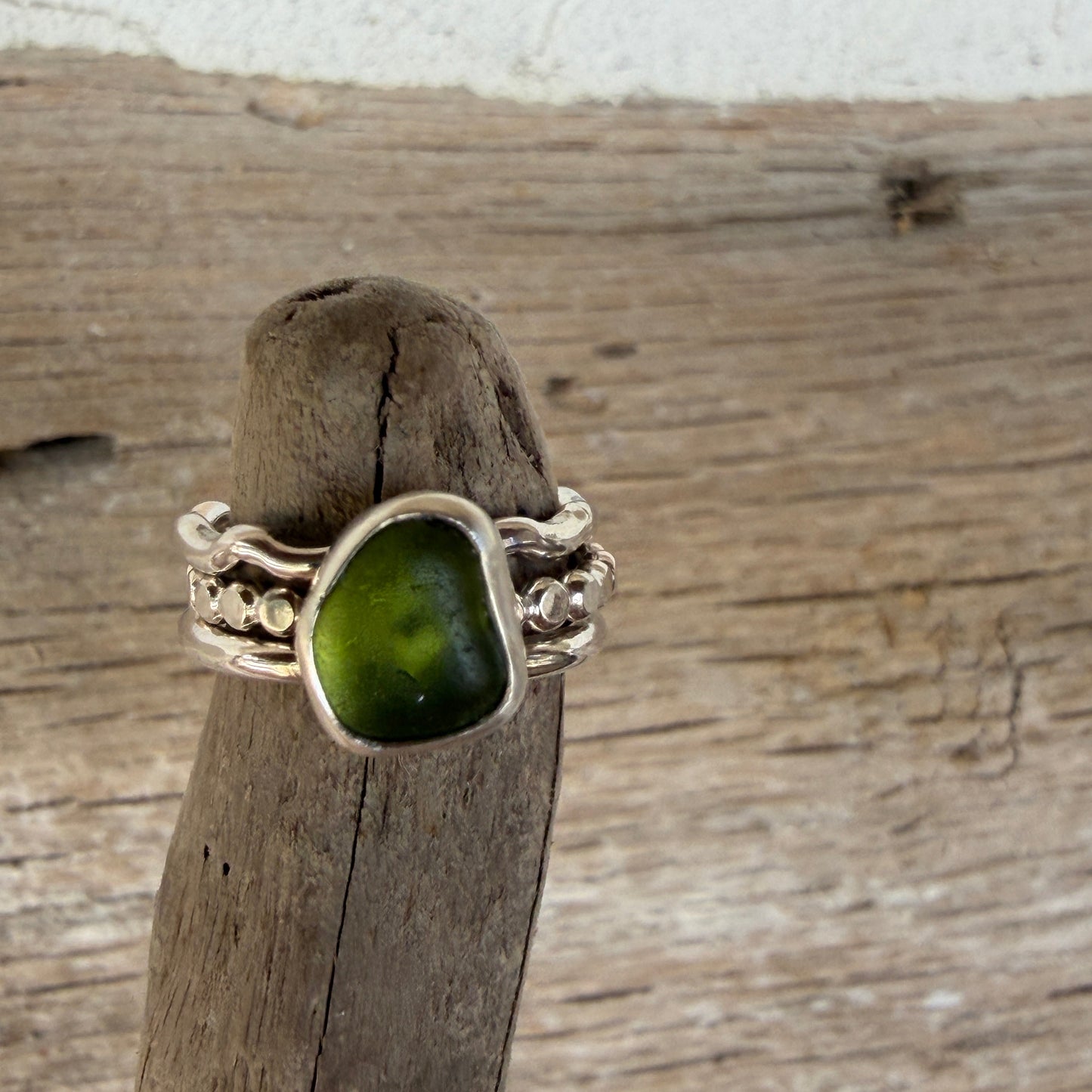 Light Olive Green Sea Glass Stacking Rings - Size 3