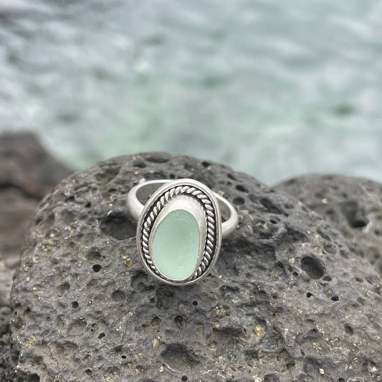 Sea Foam Green Sea Glass Ring - Size 7.5