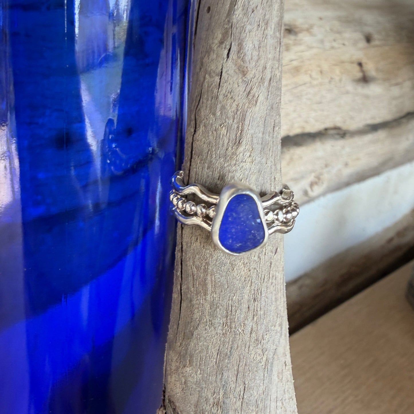 Cobalt Sea Glass Stacking Rings- Size 5.75