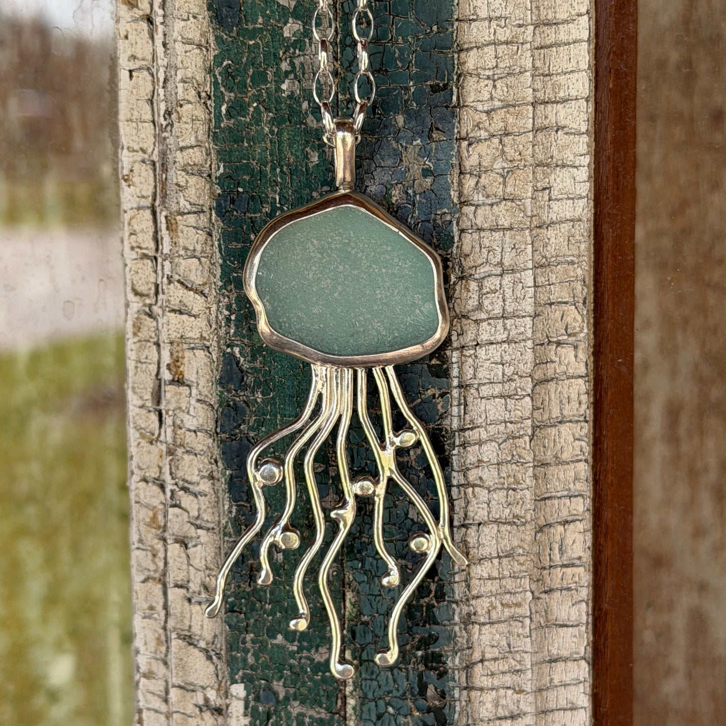 Aquamarine Sea Glass Jellyfish Pendant