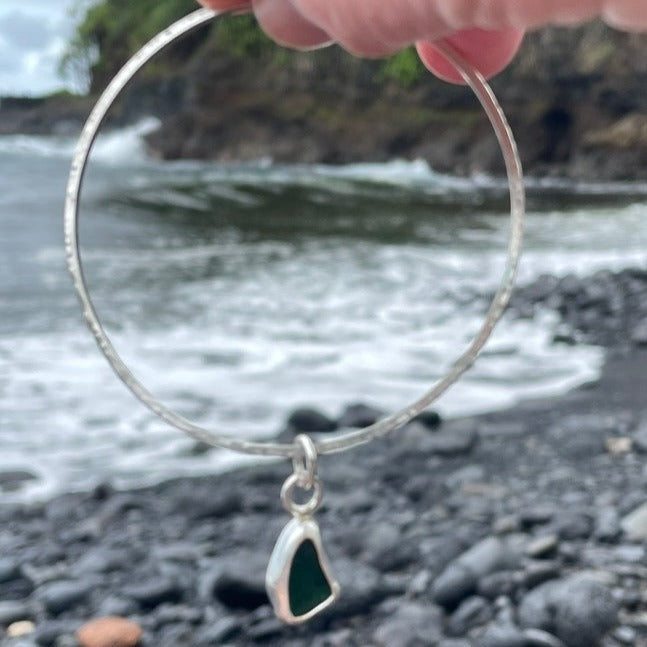 Dark Teal Green Sea Glass Dangle Bangle - Size small