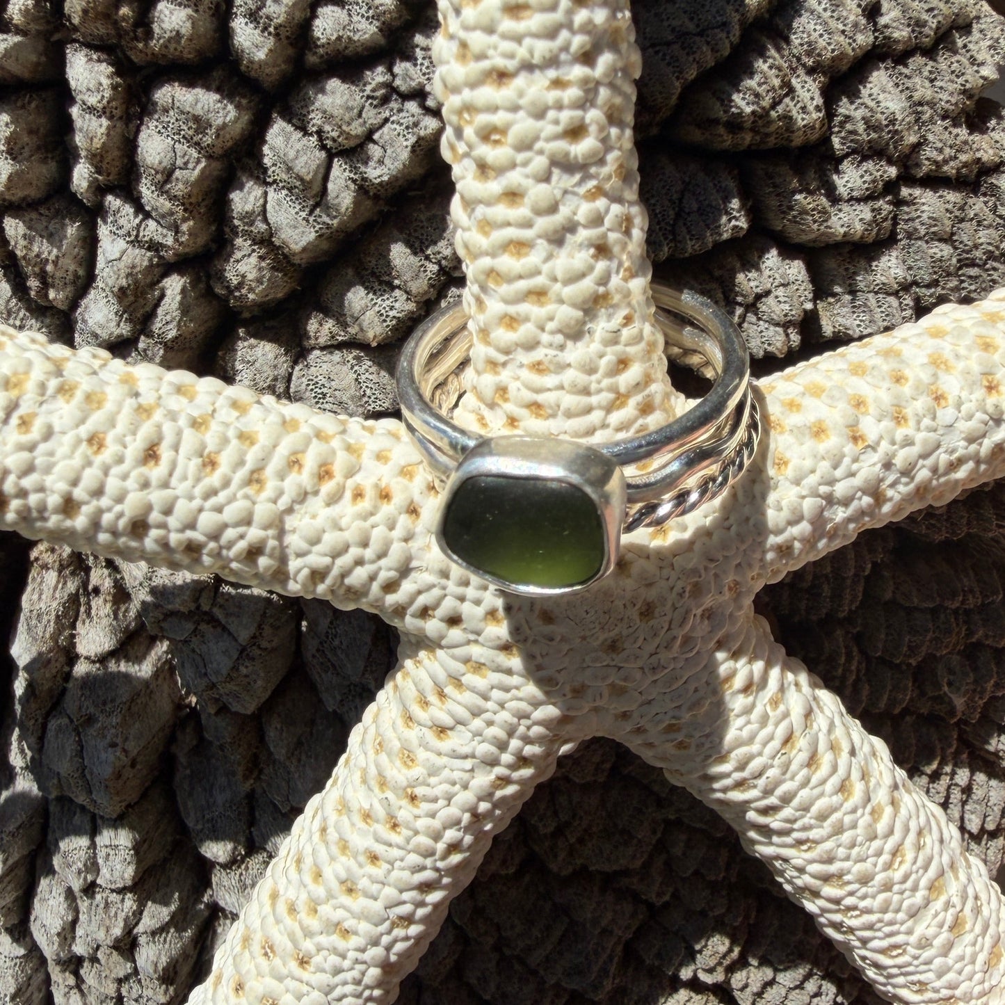 Moss Green Sea Glass Stacking Rings Size 7.25