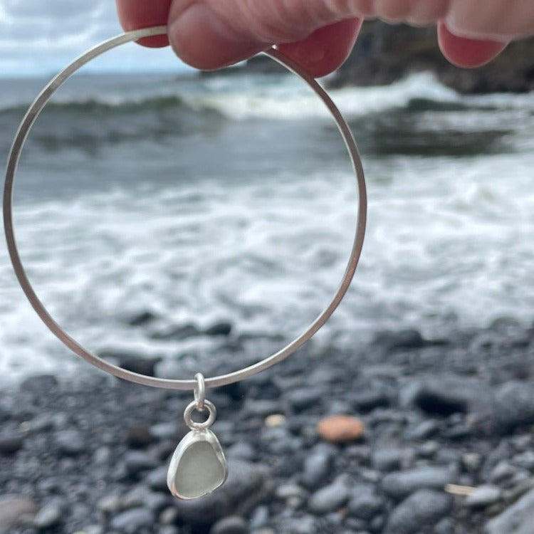 Sea Foam Green Sea Glass Dangle Bangle - Size Large