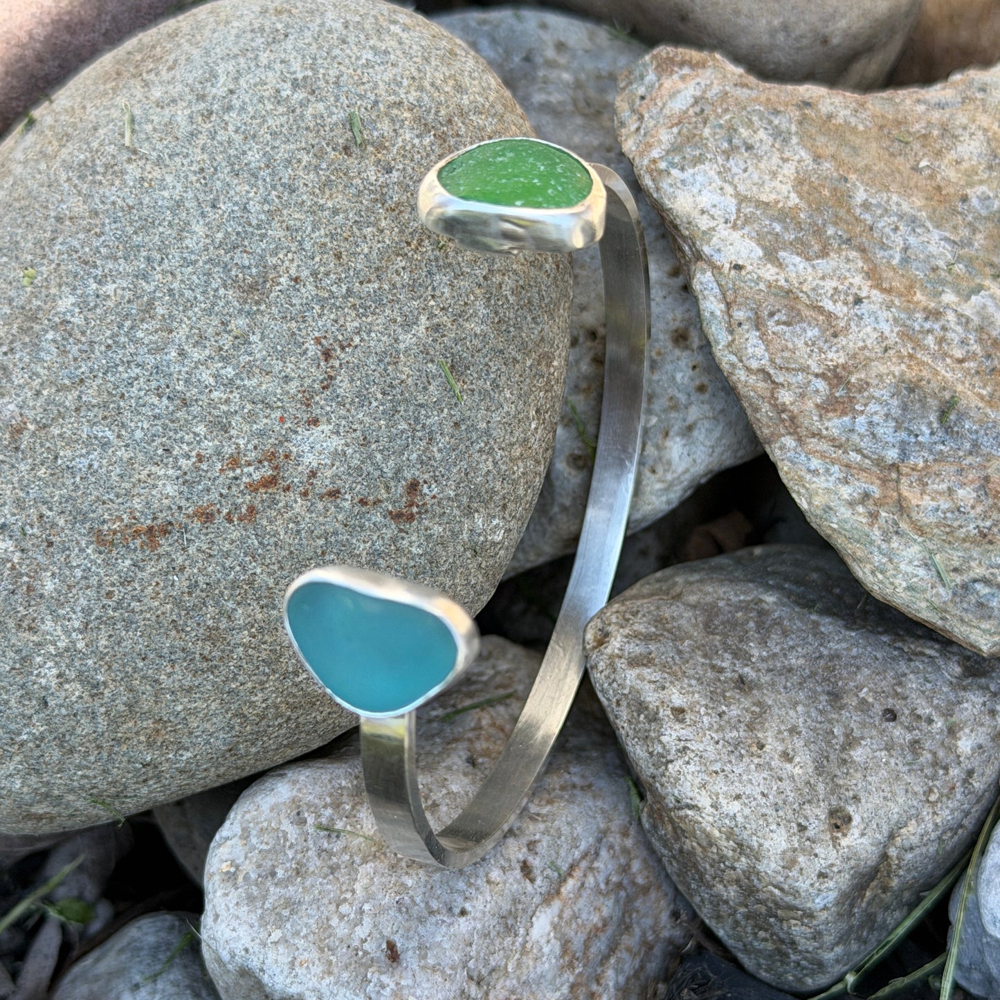 Teal Blue Sea Glass and Kelly Green Sea Glass Double Cuff