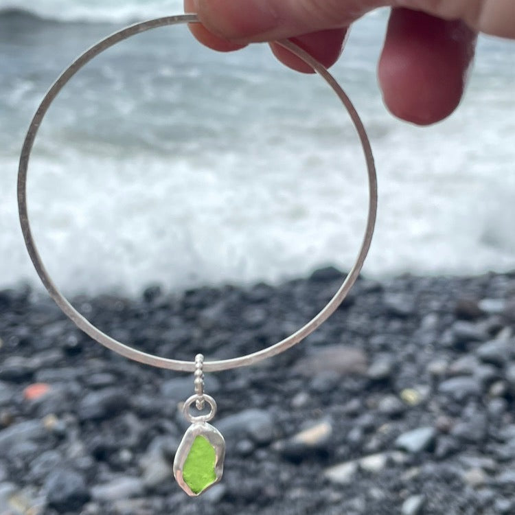 Lime Green Sea Glass Dangle Bangle - Size Medium