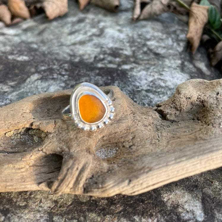 Amber Beaded Sea Glass Ring - Size 9.5