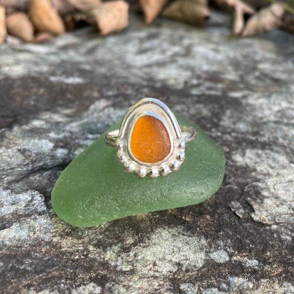 Amber Beaded Sea Glass Ring - Size 9.5