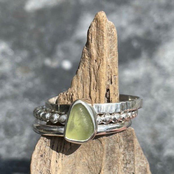 Pale Olive Green Sea Glass Stacking Rings - Size 8.25