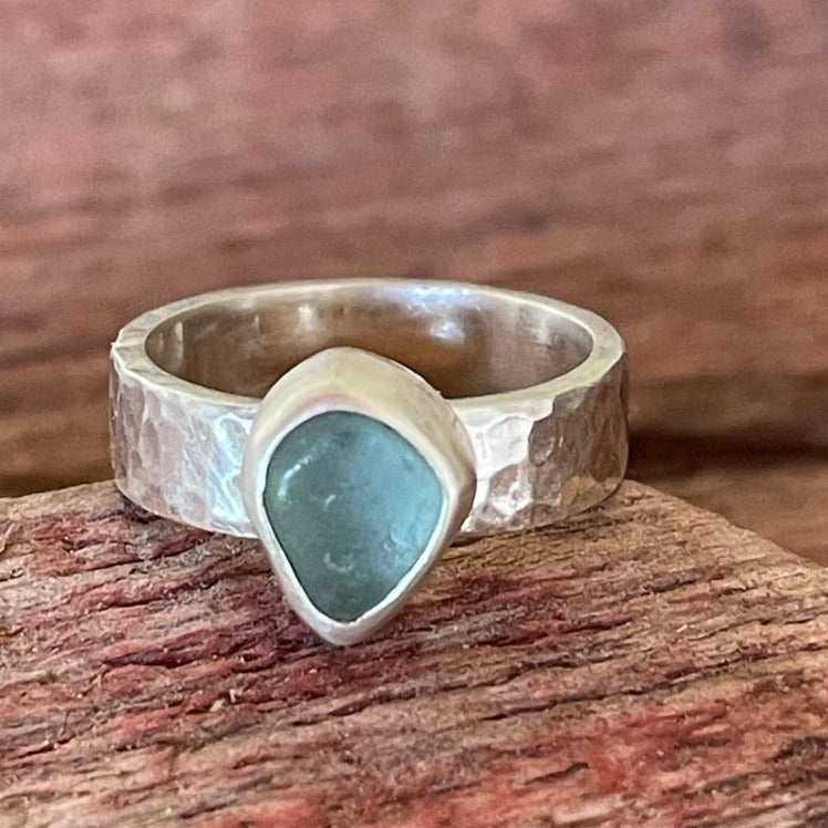 Steel Blue Sea Glass Ring -Size 6.5