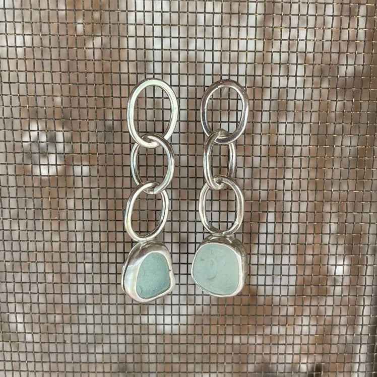 Sea Foam Blue Sea Glass Chain Dangle Earrings