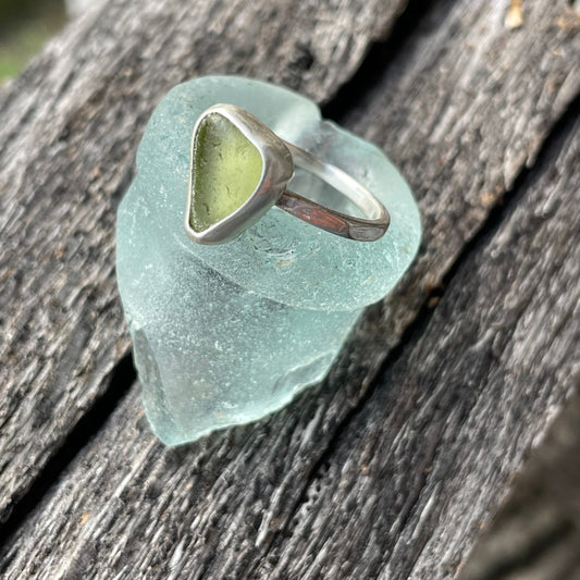 Light Teal Gray Sea Glass Ring - size 5.5