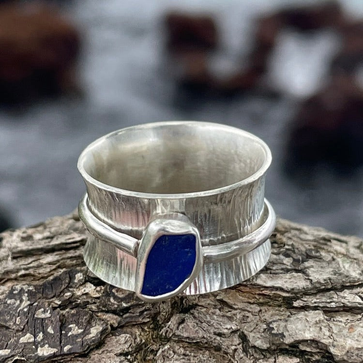 Cobalt blue Sea Glass Spinner Ring - size 9