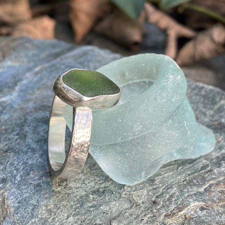 Forest Green Sea Glass Ring - Size 8