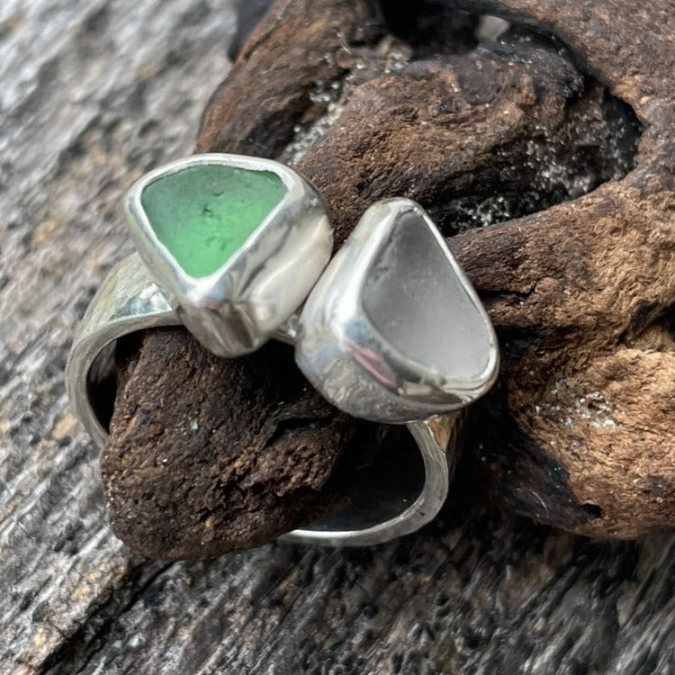 White and Emerald Green Sea Glass Ring ~ Commission