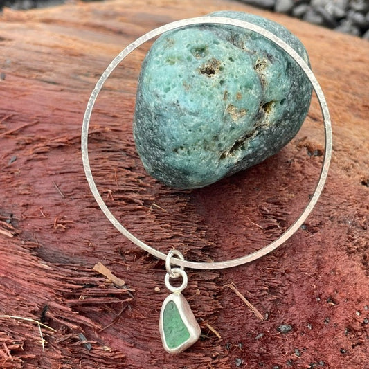 Dark Teal Green Sea Glass Dangle Bangle - Size small