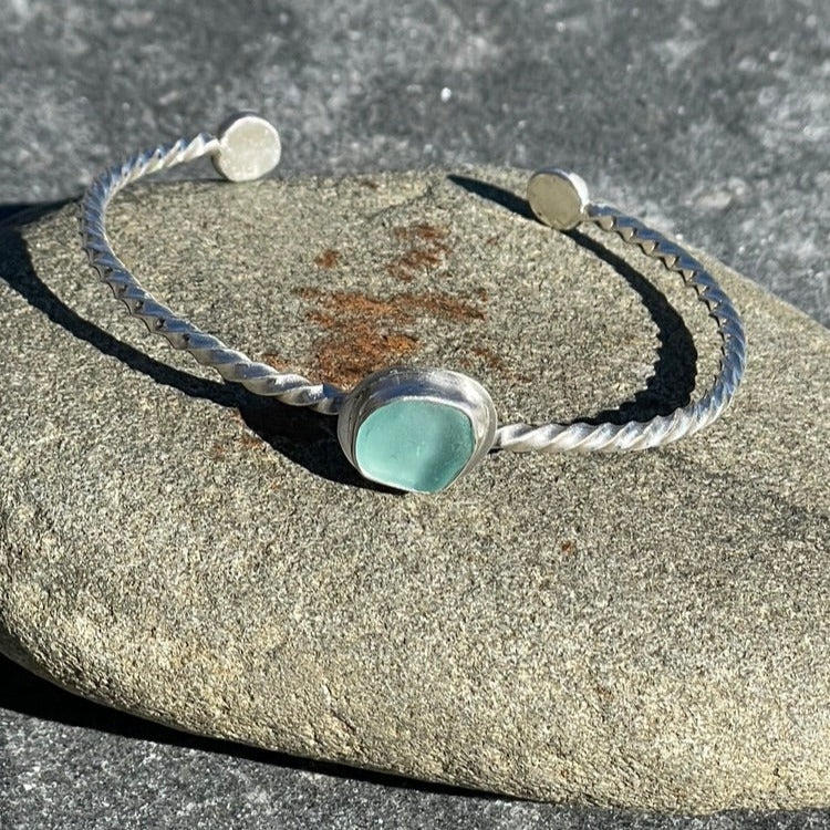 Light Aquamarine Twisted Sea Glass Cuff Bracelet