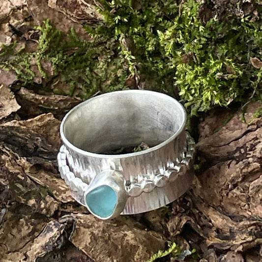 Sky Blue Sea Glass Spinner Ring - size 8.25