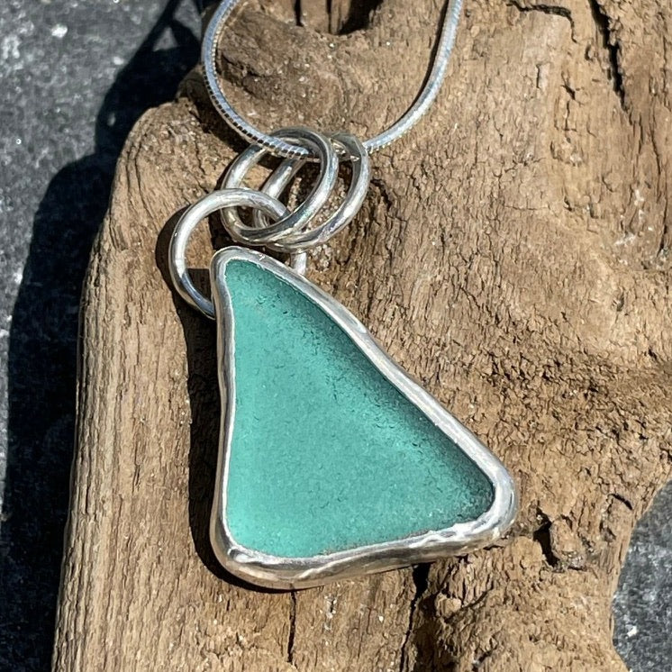 Deep Teal Blue Sea Glass Pendant