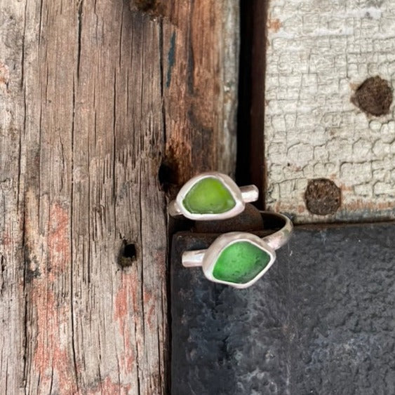 Double Light Sage Green & Lime Green Sea Glass Adjustable Ring