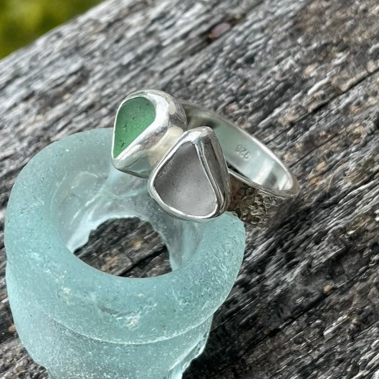 White and Emerald Green Sea Glass Ring ~ Commission