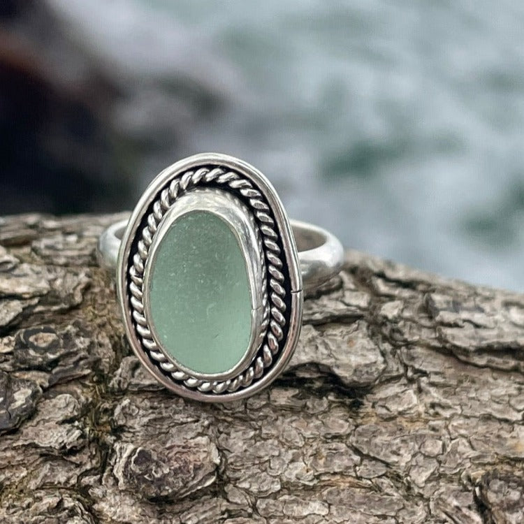 Sea Foam Green Sea Glass Ring - Size 7.5