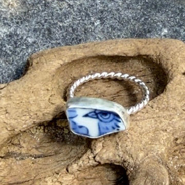 Blue Bird Sea Pottery Ring - Size 7