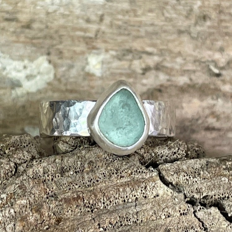 Steel Blue Sea Glass Ring -Size 6.5